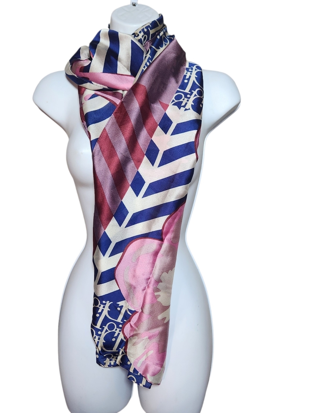 Christian Dior Silk Scarf Head Wrap Belt Floral Geometric Pattern Long Monogram - Picture 11 of 15